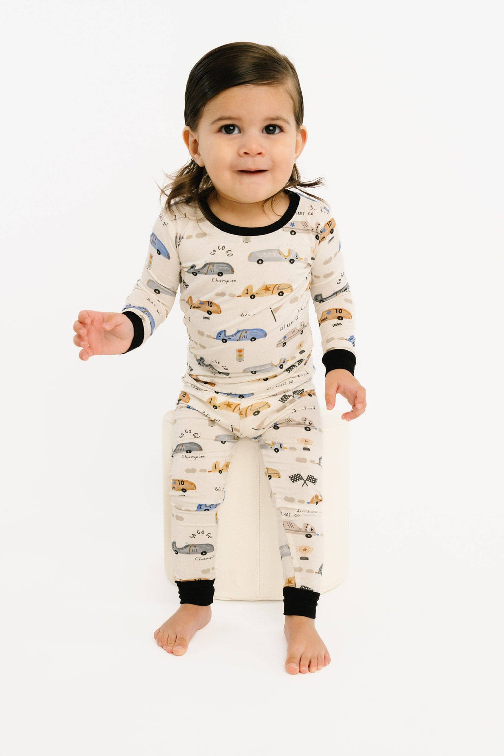 Bamboo 2PC L/S Kids PJs - Vintage Race Cars, B/W