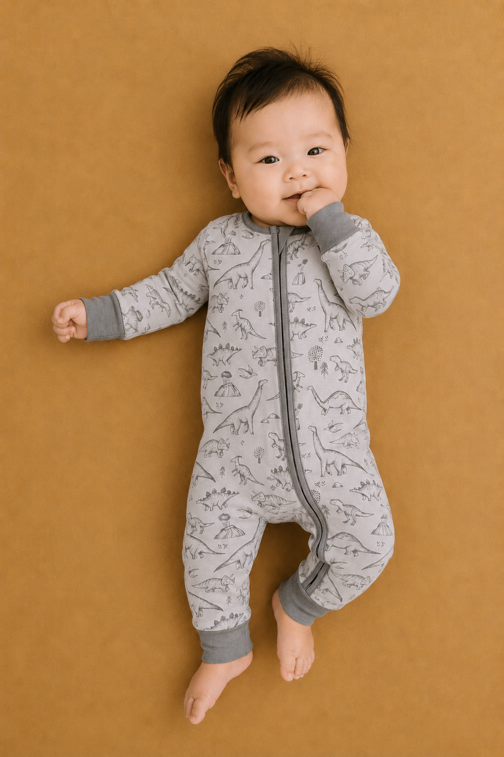 Bamboo Zippered L/S Convertible Romper - Dino Doodles, Fog Grey