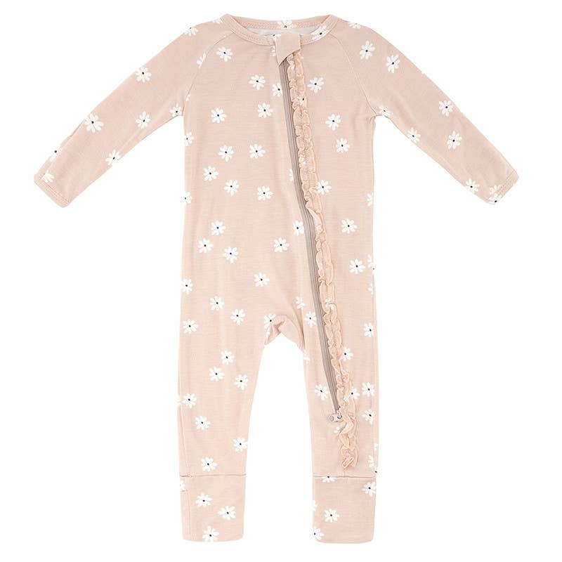 Bamboo Zippered L/S Convertible Ruffled Romper - Micro Floral, Blush Pink