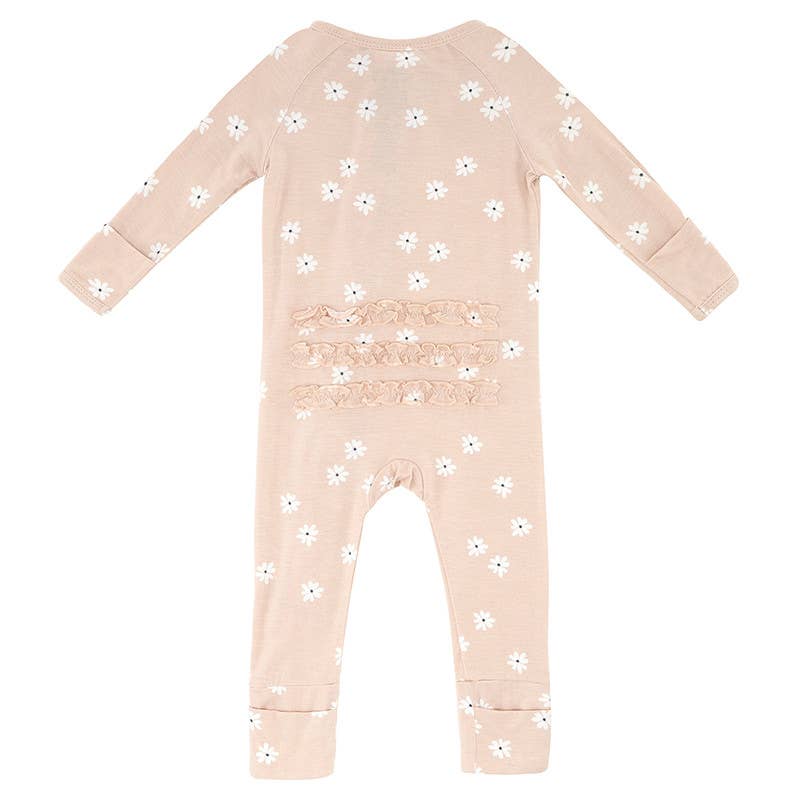 Bamboo Zippered L/S Convertible Ruffled Romper - Micro Floral, Blush Pink