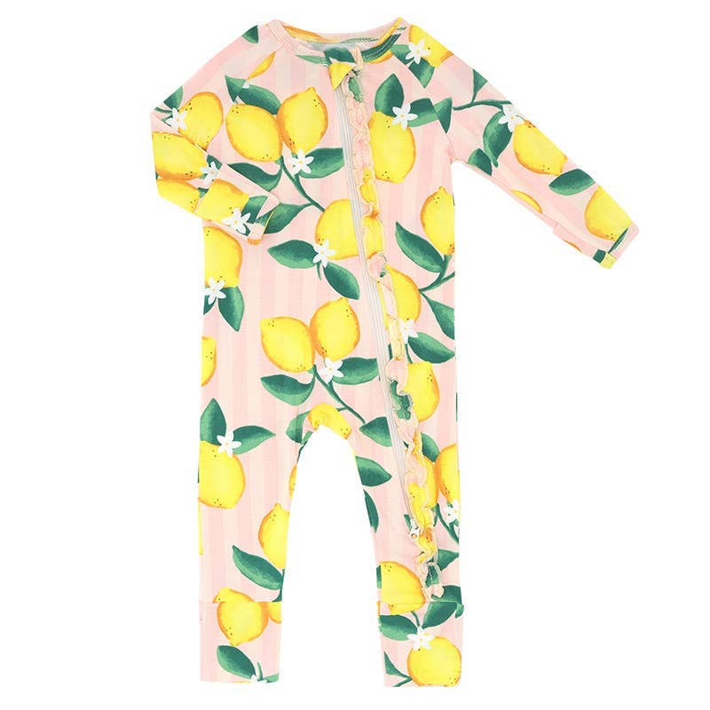Bamboo Zippered L/S Convertible Ruffled Romper - Pink Stripe Lemons