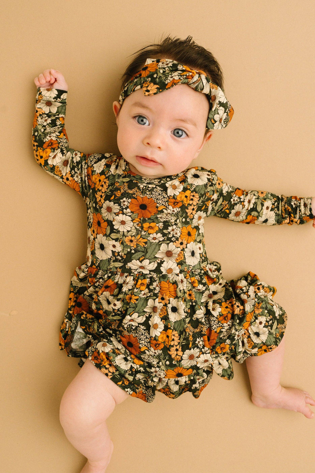 Bamboo Zippered L/S Twirl Bodysuit Dress w/Bow Back - Green & Burnt Orange, Rustic Blooms