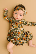 Bamboo Zippered L/S Twirl Bodysuit Dress w/Bow Back - Green & Burnt Orange, Rustic Blooms