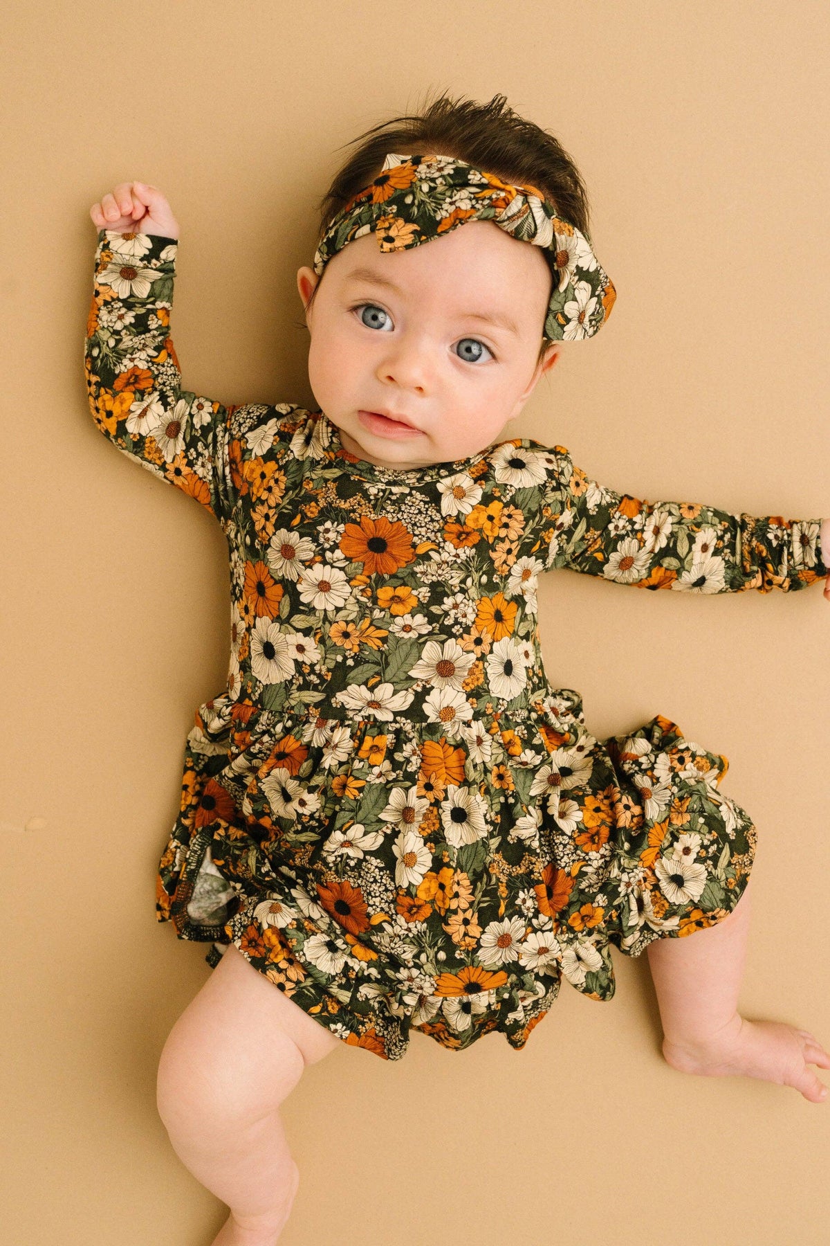 Bamboo Zippered L/S Twirl Bodysuit Dress w/Bow Back - Green & Burnt Orange, Rustic Blooms