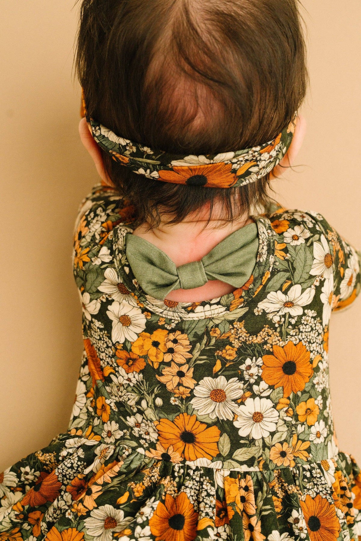 Bamboo Zippered L/S Twirl Bodysuit Dress w/Bow Back - Green & Burnt Orange, Rustic Blooms back bow