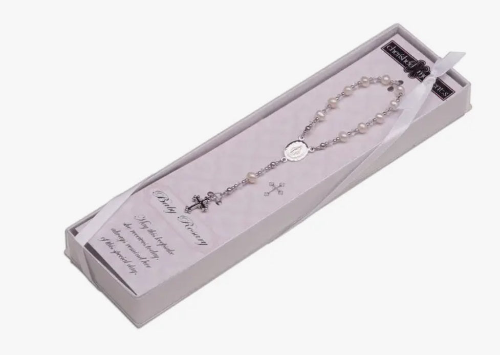 Christening Sterling Silver Rosary, White Crystals & Pearls