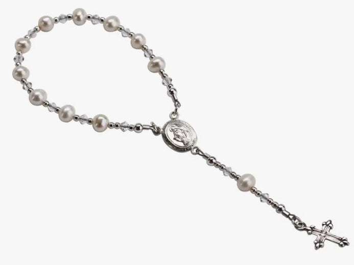 Christening Sterling Silver Rosary, White Crystals & Pearls