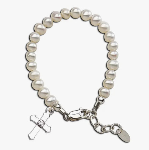 Christening Sterling Silver Pearl Cross Bracelet - Girls