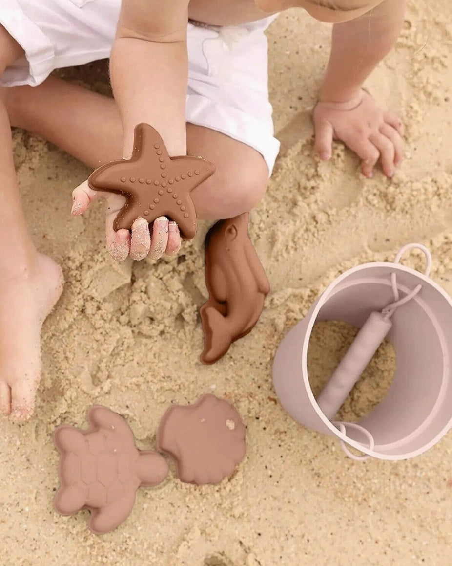 Silicone Beach Bucket Toy & Play Set, 6PC - Sandy Pink