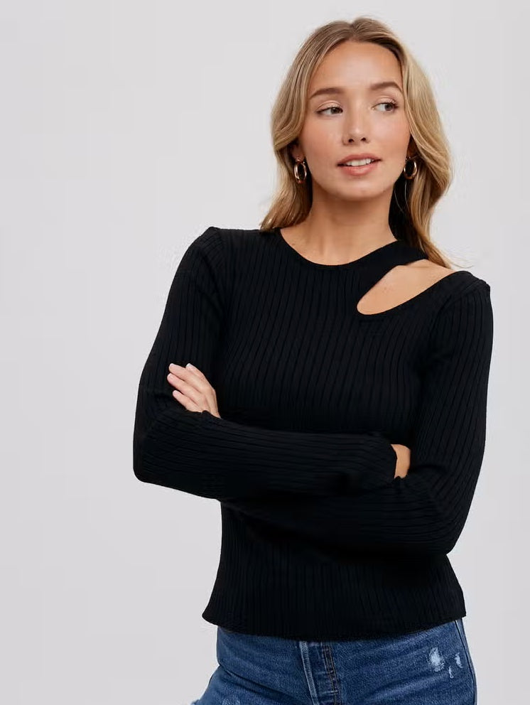 Womens/Junior L/S Cutout Shoulder Ribbed Top - Black