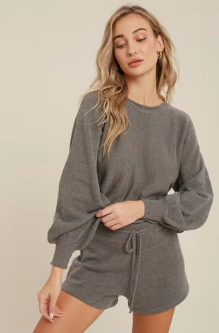 Women's/Junior L/S Balloon Sleeve Sweater Knit Short Lounge Set - Dark Grey