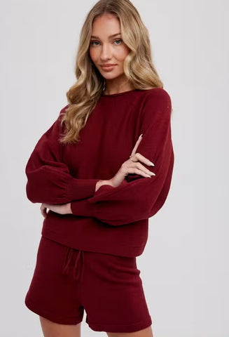 Women's/Junior L/S Balloon Sleeve Sweater Knit Short Lounge Set - Dark Wine Red
