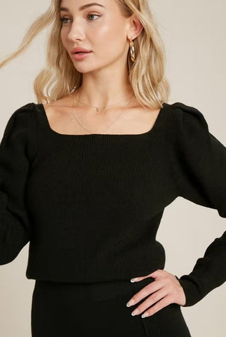 Women's/Junior Square Neck Bow Tie Back Sweater Knit Top - Classic Black