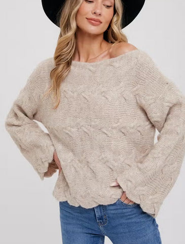 Women's/Junior Knit Boat Neck Flare Sleeve Pullover Sweater - Oatmeal