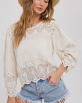 Women's/Junior Embroidered Scalloped Hem Lace Blouse - Natural