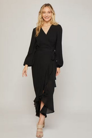 Women's/Junior Ruffled Hem Flowy Wrap Maxi Dress - Classic Black