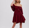 Womens/Junior Adjustable Ruffled Ruched Mini Dress w/Pockets - Burgundy