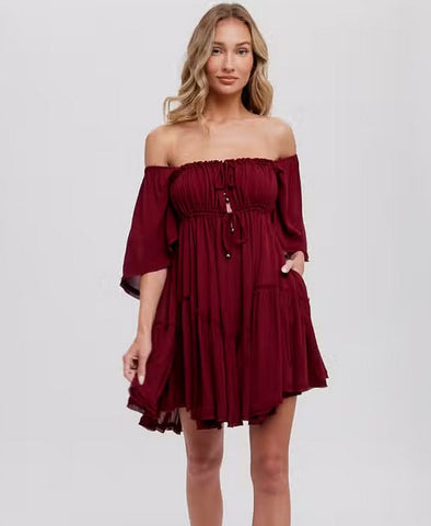 Women's/Junior Adjustable Ruffled Ruched Mini Dress w/Pockets - Wine Red