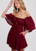 Womens/Junior Adjustable Ruffled Ruched Mini Dress w/Pockets - Burgundy