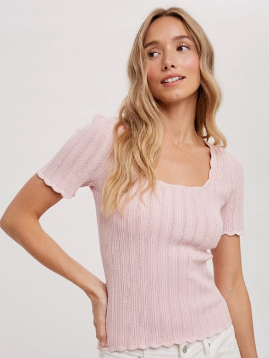 Blu Ivy Scalloped Hem S/S Knit Top, Dusty Pink