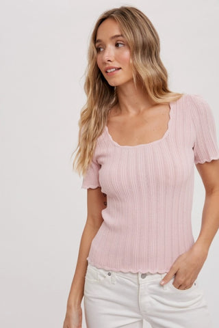 Women's/Junior Scalloped Hem S/S Knit Top, Dusty Pink