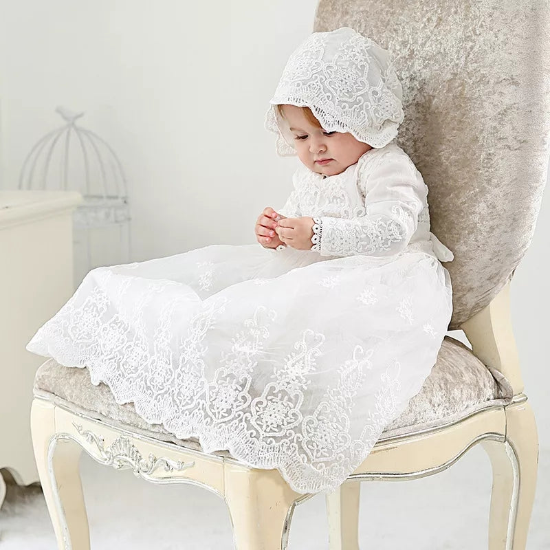 Heirloom Christening Long Royal Length Gown, Overlay Vintage Lace, Long Sleeve w/Bonnet, White 3-6 mo Heirloom Christening Long Royal Length Gown, Overlay Vintage Lace, Long Sleeve w/Bonnet, White 3-6 mo