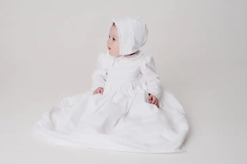 Heirloom Christening Gown, UNISEX, Hand Smocked, White w/Bonnet & Bloomer