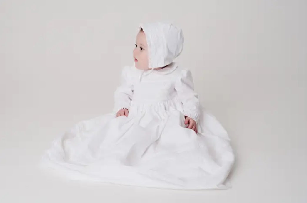Heirloom Christening Gown, UNISEX, Hand Smocked, White w/Bonnet & Bloomer