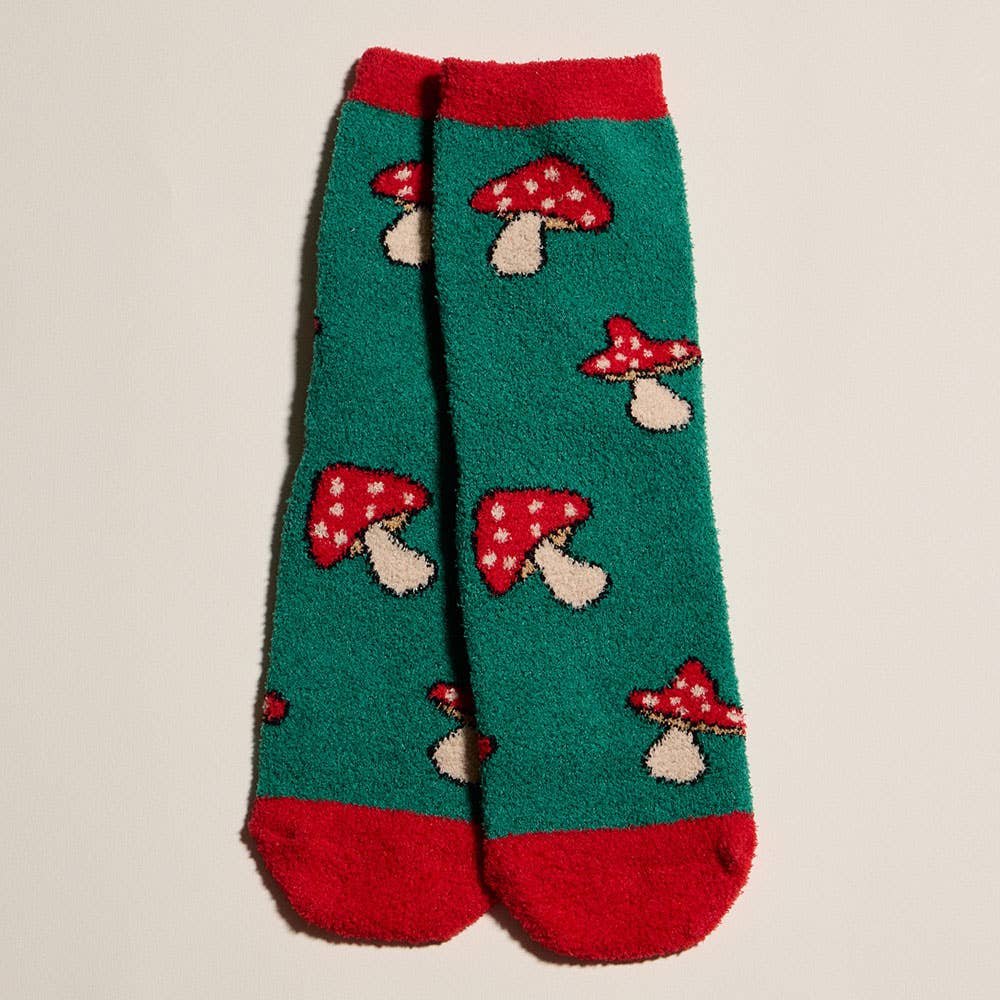 Cozy fuzzy holiday socks, forest mushroom, front view
