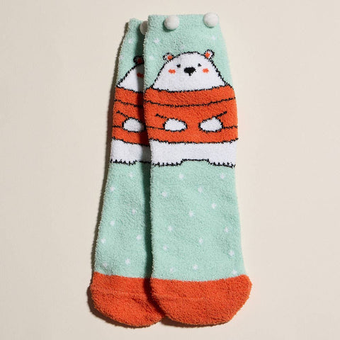 Cozy Fuzzy Holiday Socks - Mint Polar Bear