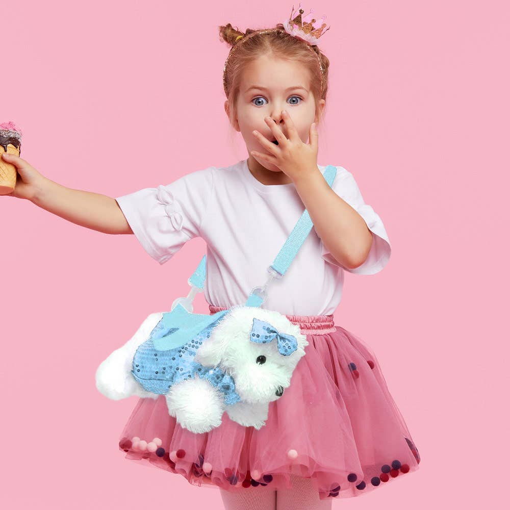 Crossbody Plush Handbag, Sequined Zippered Puppy Dog Purse - Sky Blue