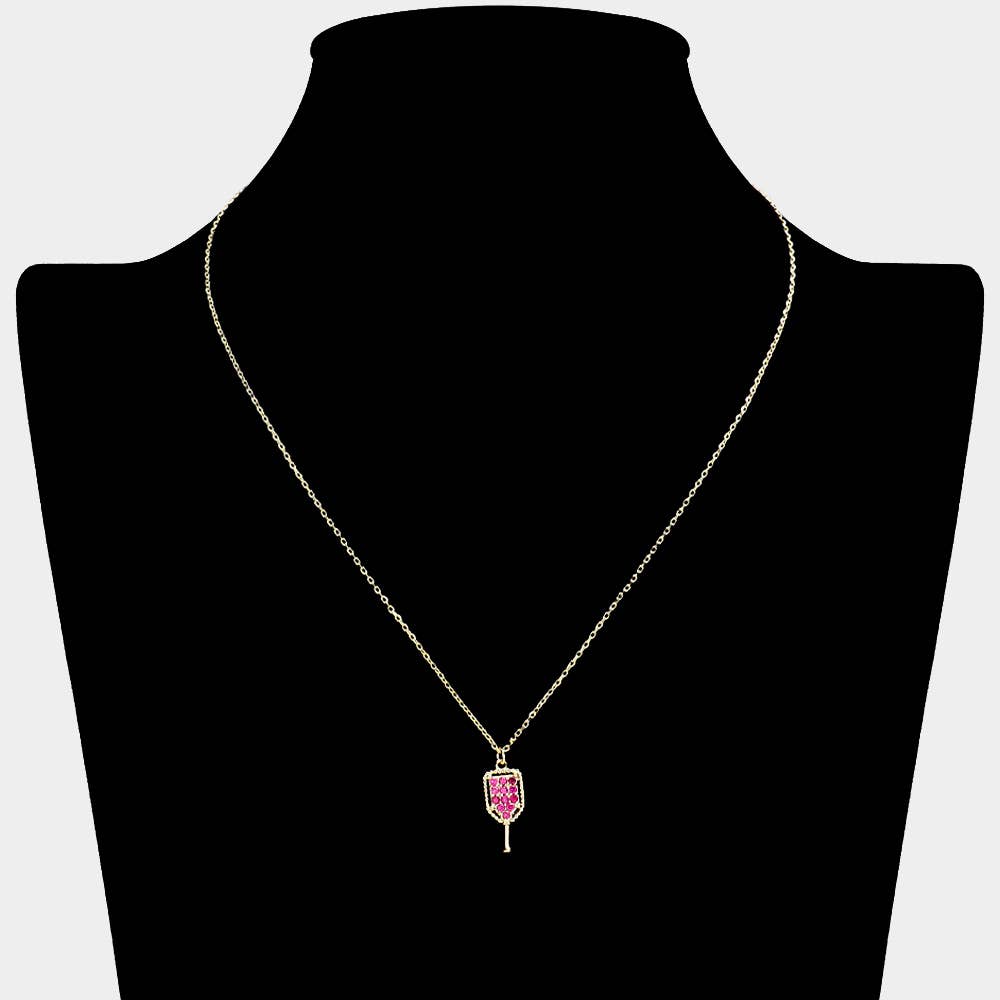 Crystal Pave Stone Pickleball Pendant Necklace: Gold and Fuchsia Mannequin-15ed-41aa-85c3-8fcfe56963c9