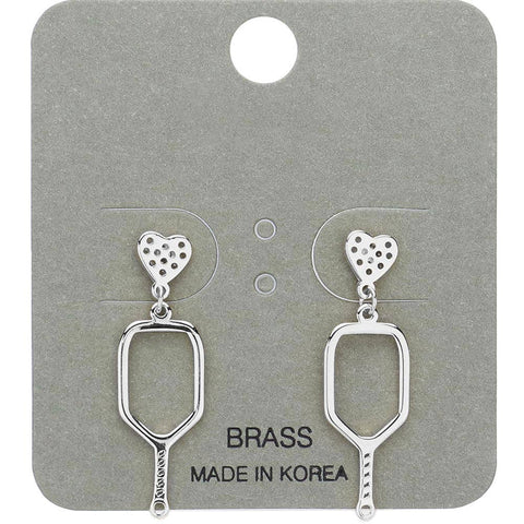 Dangle Earrings, Pickleball Paddle Heart: Silver