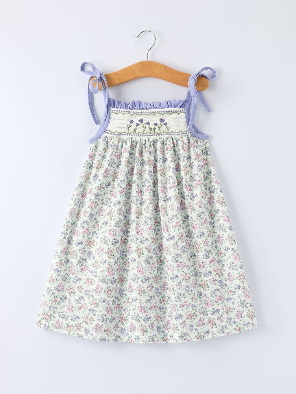 Embroidered Smocked Spaghetti Strap Dress - Purple Tulips