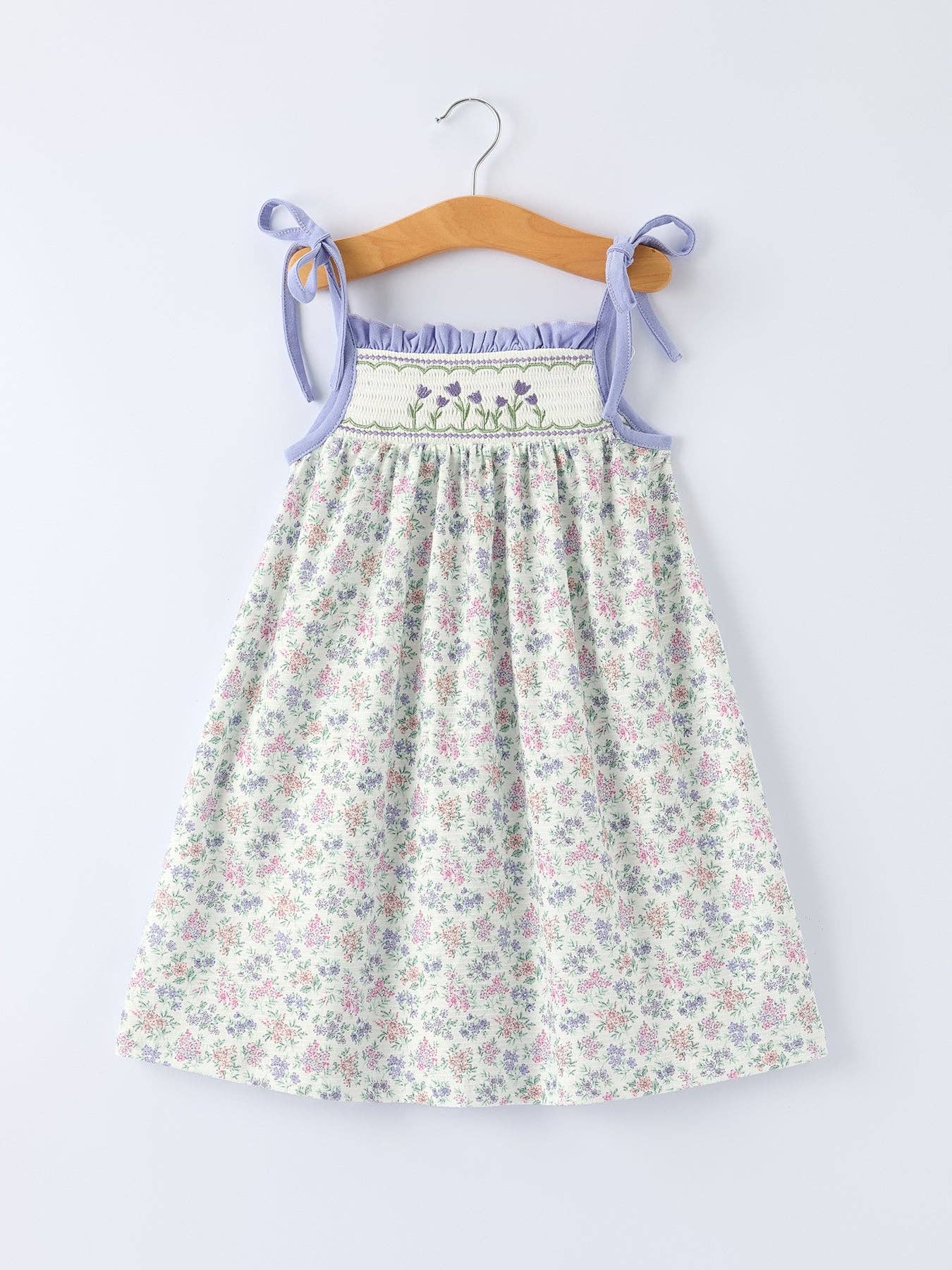 Embroidered Smocked Spaghetti Strap Dress - Purple Tulips