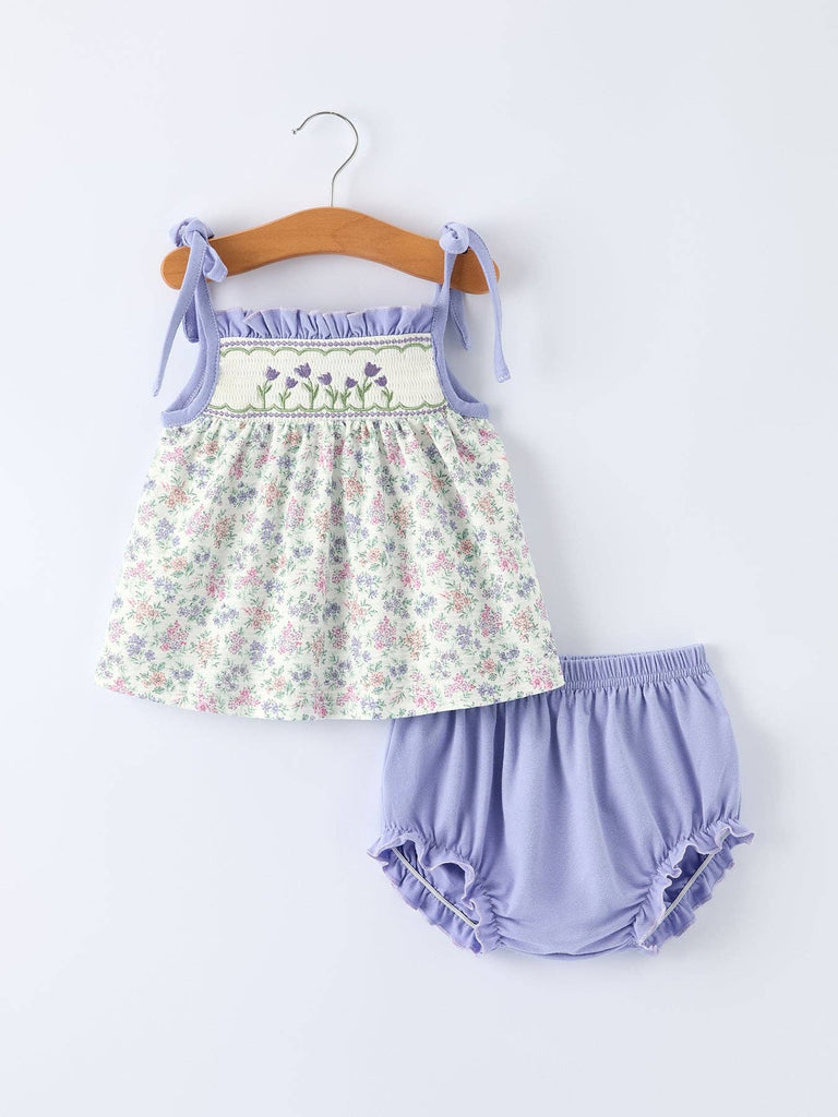 Embroidered Smocked Spaghetti Strap Top and Bummie Set - Purple Tulips & Floral
