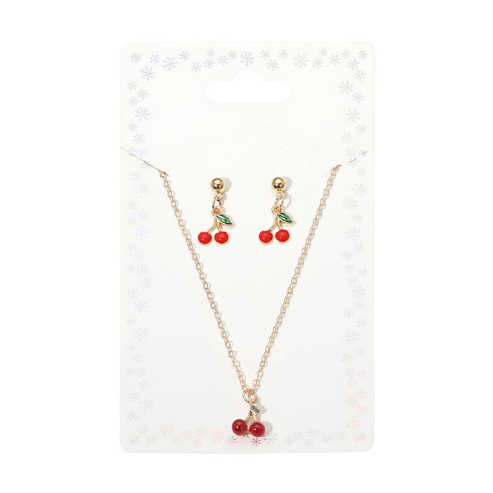 Enamel Pendant Necklace and Dangle Earring Set - Red Cherry, Gold