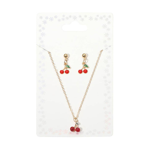 Enamel Pendant Necklace and Dangle Earring Set - Red Cherry, Gold