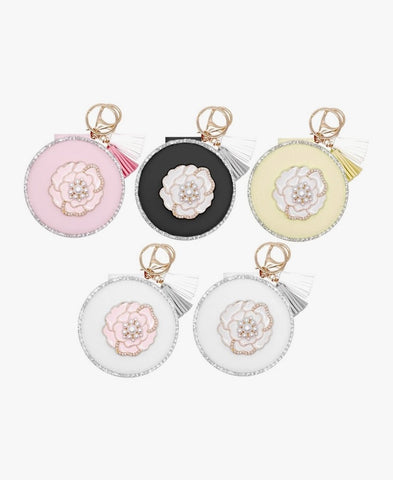 Enamel & Leatherette Dual Mirror Flower Keychain Clip (CLICK FOR COLOR OPTIONS)