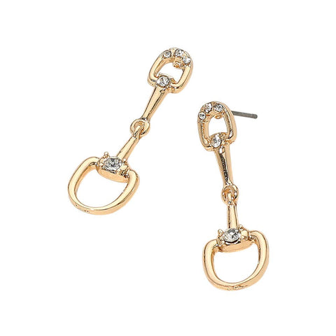 Equestrian Rhinestone Pave Crystal Horse Bit Drop Dangle Earrings: Crystal and Gold