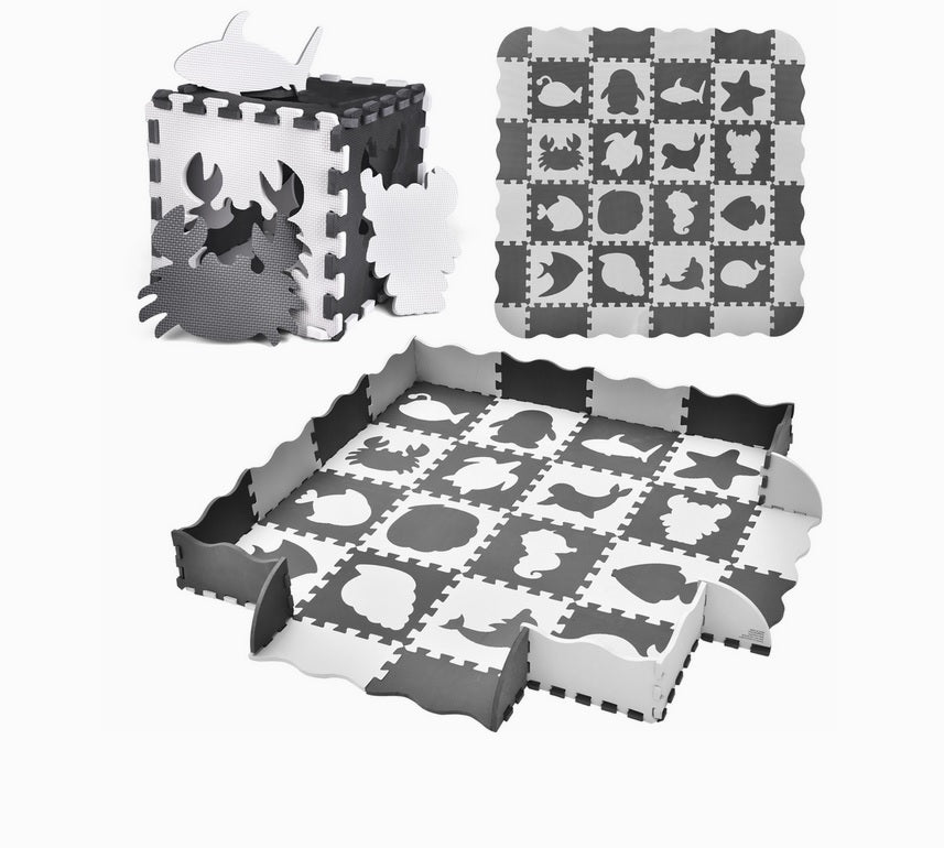 XL B/W Foam Play Mat Set - ~4.6 ft Square, Ocean Life