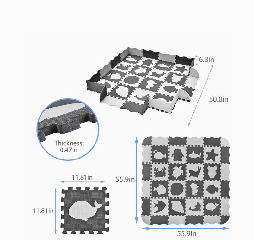 XL B/W Foam Play Mat Set - ~4.6 ft Square, Ocean Life