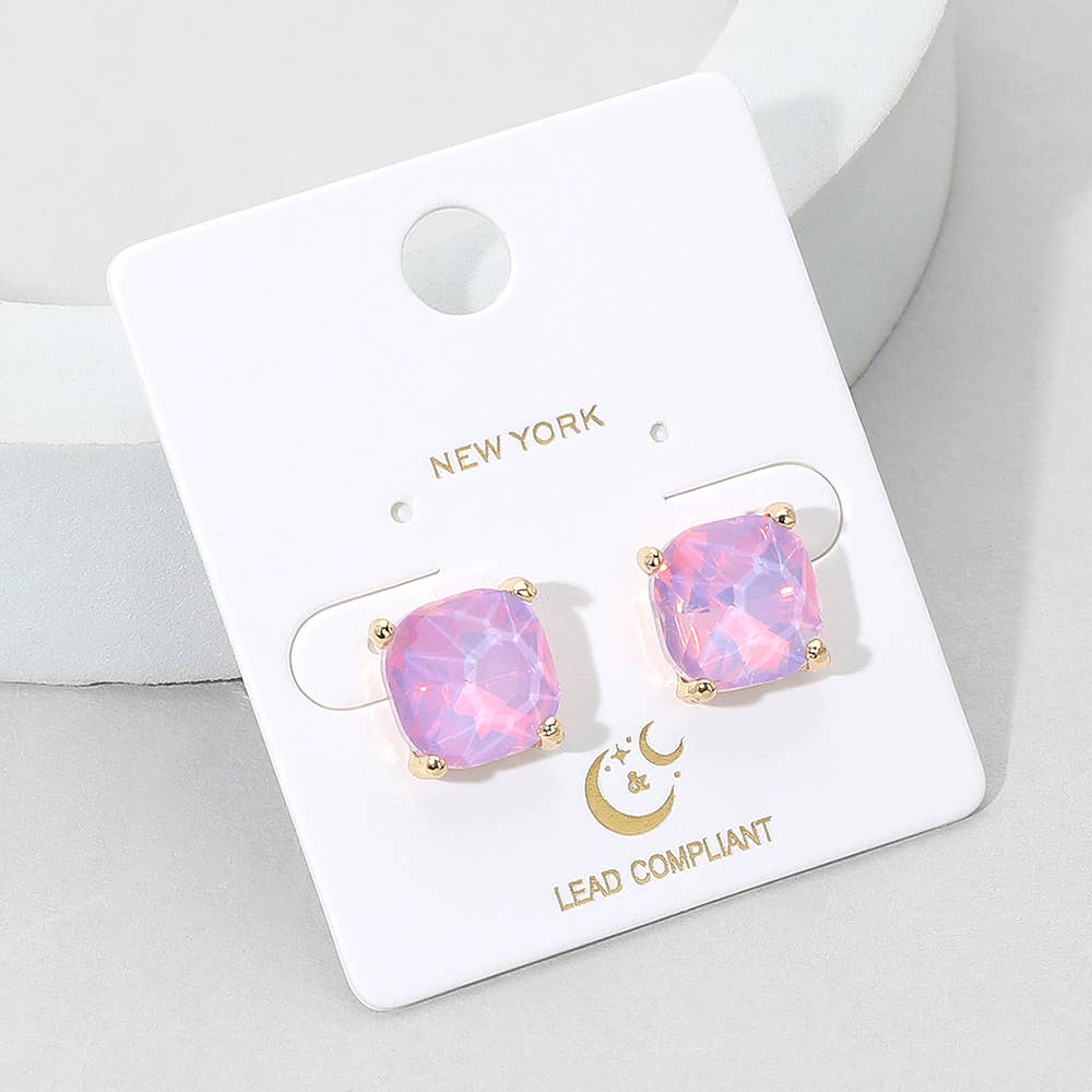 Gold and galaxy pink square cushion cut stone stud earrings