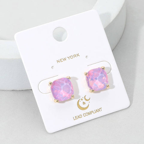 Square Cushion Cut Stone Stud Earrings, Gold and Galaxy Pink