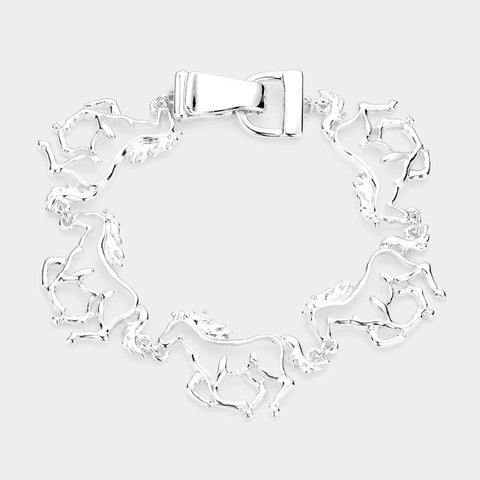 Galloping Horse Cut Out Horse Link Magnetic Bracelet - Silver