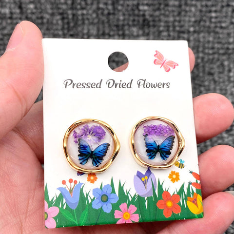 Genuine Pressed Flower 0.6" DIA Studs, 18K Matte Gold Plated, Blue Butterfly