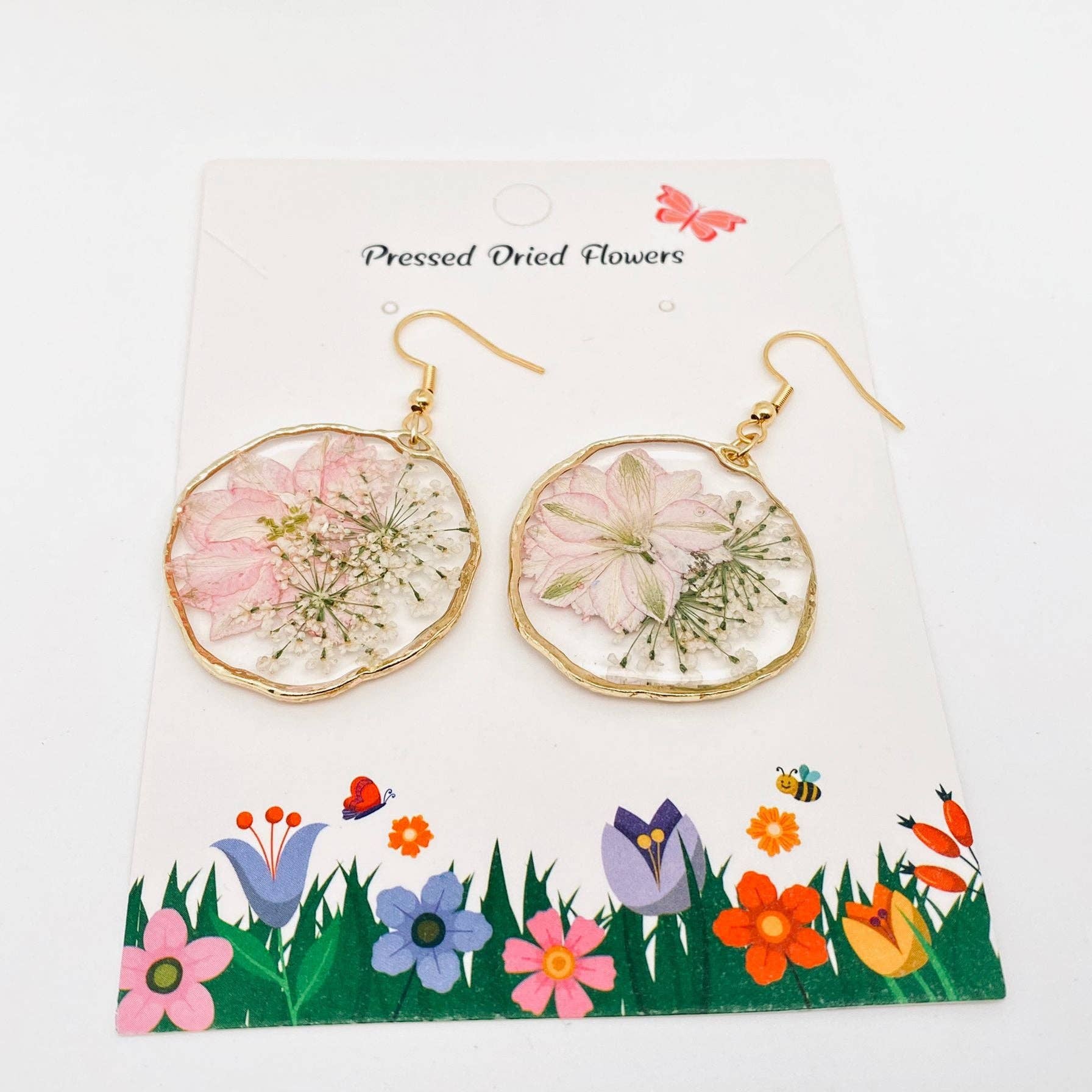 Genuine Pressed Flower Hook 1.75" DIA Dangle Earrings, Delphinium & Queen Anne's Lace gifts for teens