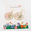 Genuine Pressed Flower Hook 1.75" DIA Dangle Earrings, Delphinium & Queen Anne's Lace gifts for teens