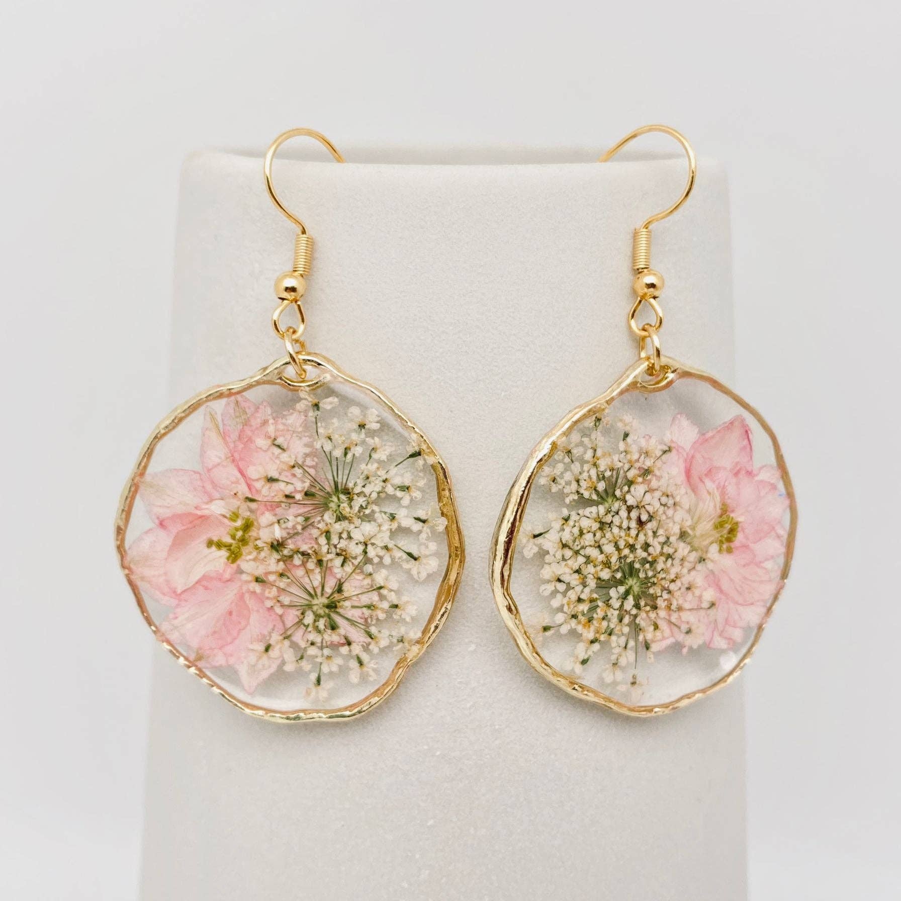 Genuine Pressed Flower Hook 1.75" DIA Dangle Earrings, Delphinium & Queen Anne's Lace gifts for women