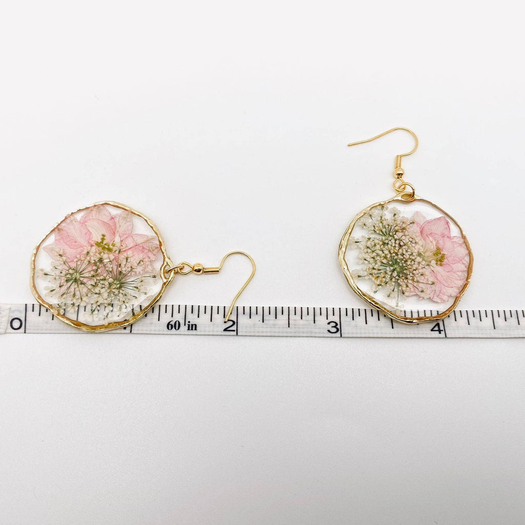 Genuine Pressed Flower Hook 1.75" DIA Dangle Earrings, Delphinium & Queen Anne's Lace gifts to say i love you